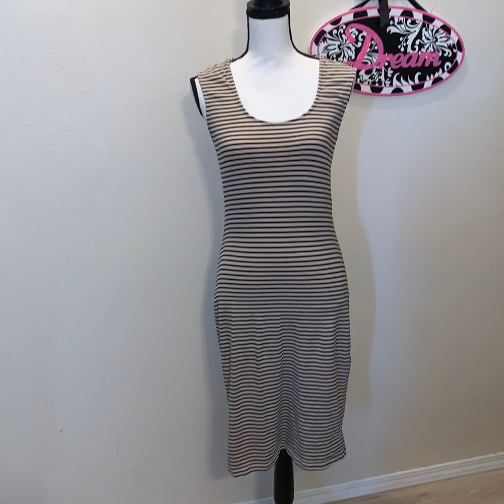 Romy tan & black striped bodycon midi dress